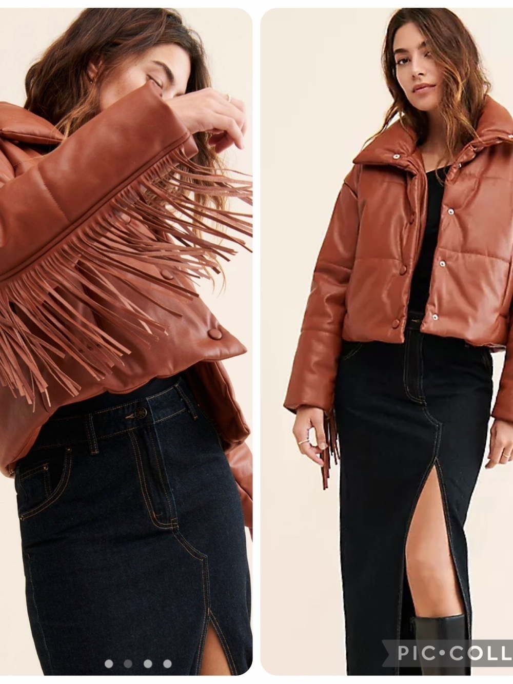 Medium Blank NYC x Nuuly tan Brown Fringe Faux Leather Jacket cropped puffer